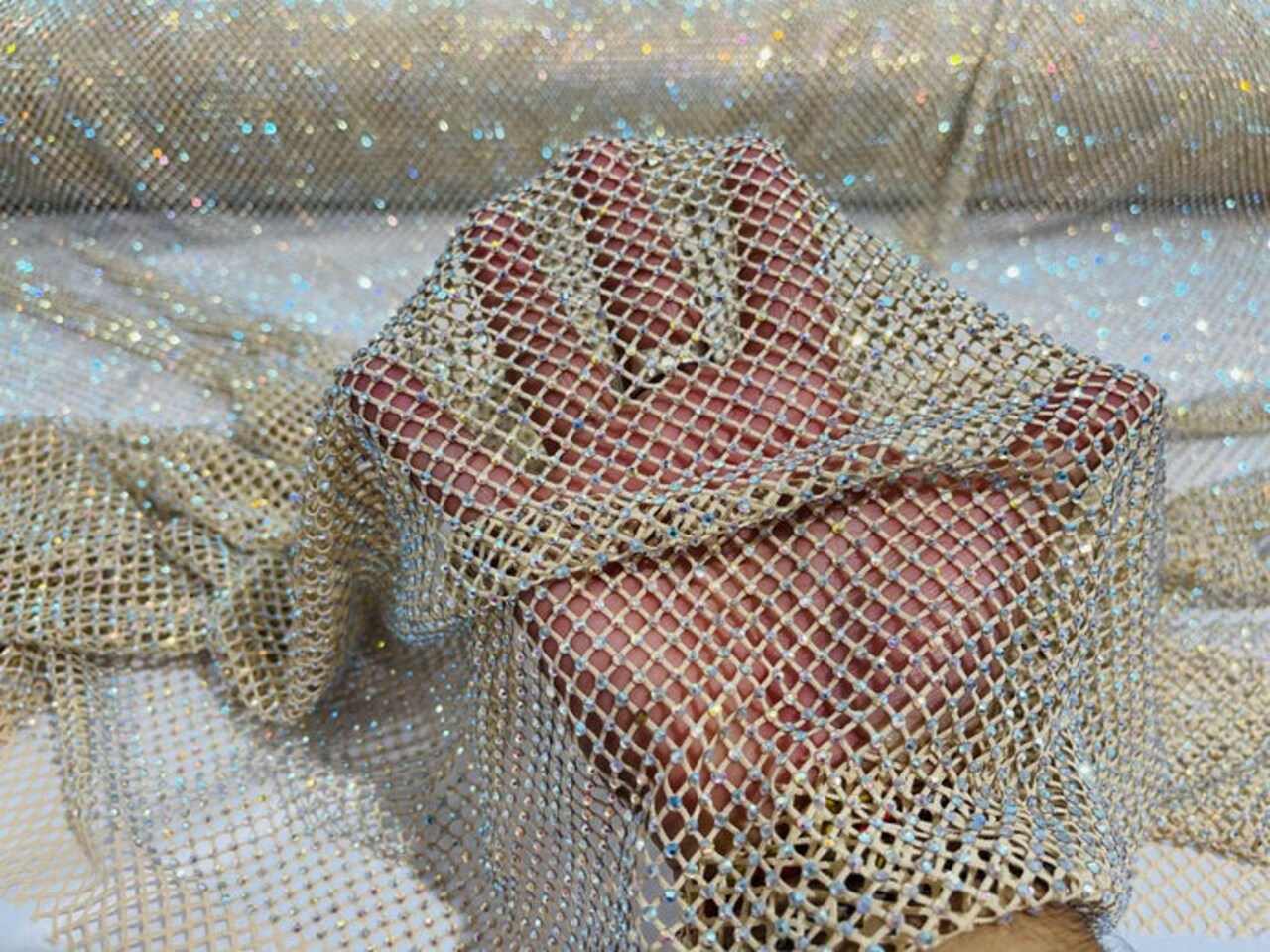 1 Yard Sparkly AB Rhinestone Fishnet Fabric Stretch Mesh for Costumes, Décor, and Apparel